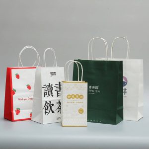 wholesale custom printed white brown shopping kraft paper bag with handle restaurant carry out to go bag fast food takeaway bag